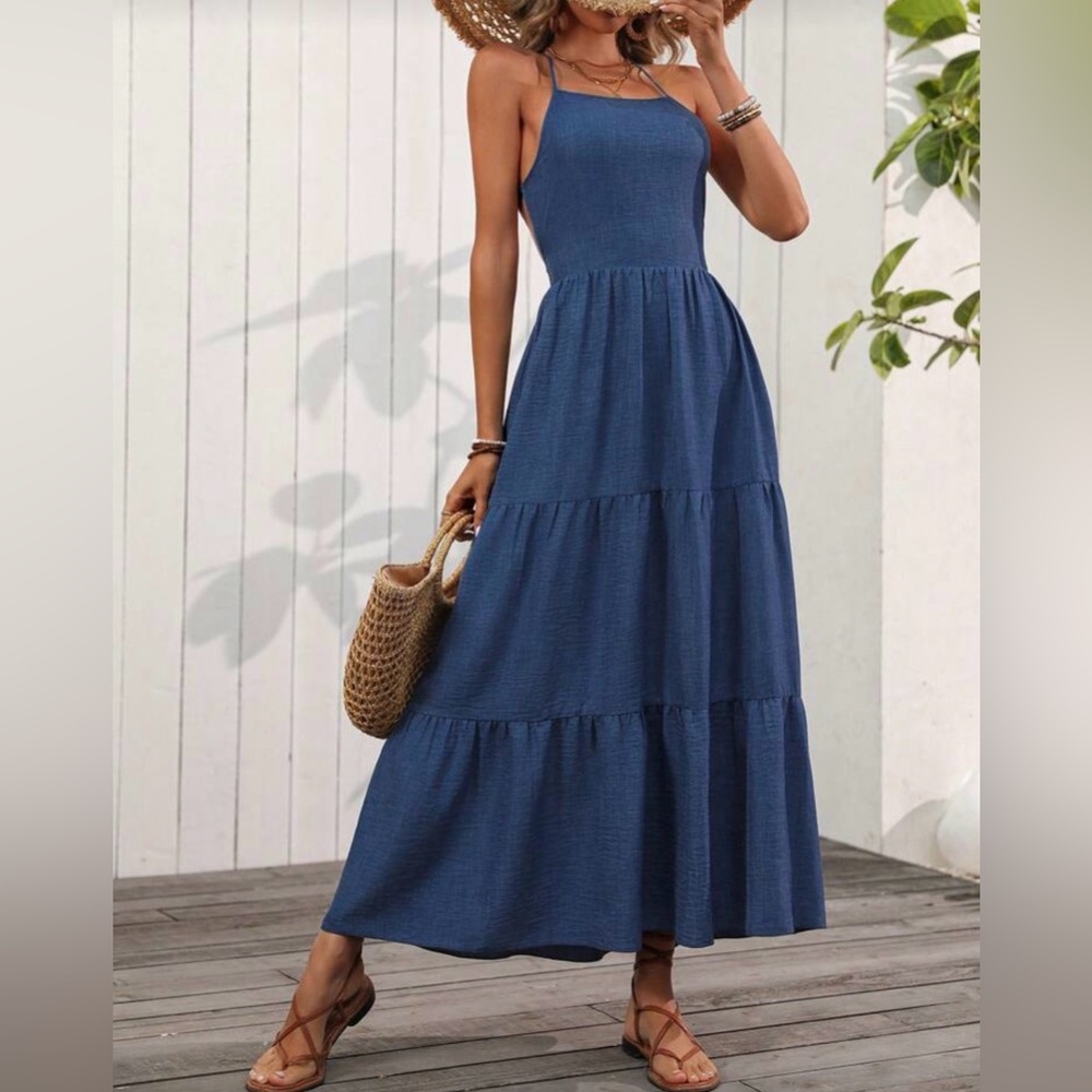 SHEIN Blue Backless Halter Maxi Dress